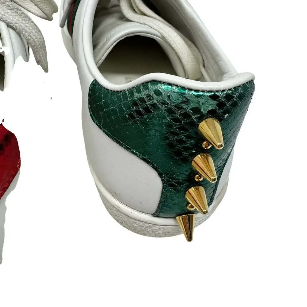 Gucci Ace Sneakers 37 White Leather Pearl Stud Web Stripe Spiked Heel - Picture 10 of 10